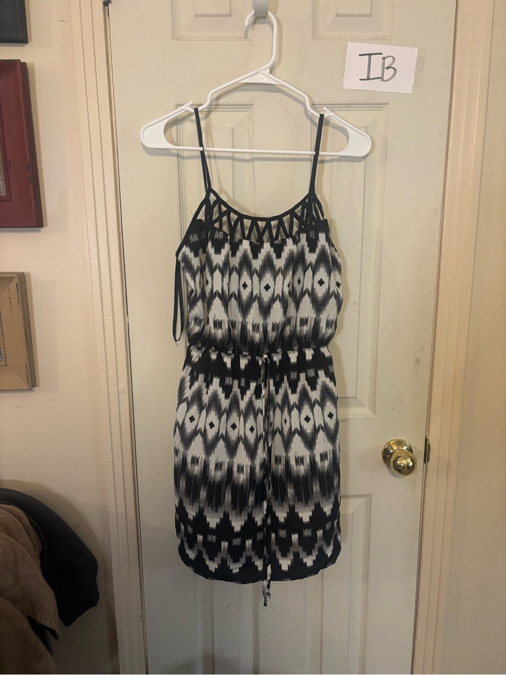 City Triangles Black and White Ikat Lattice Neck Mini Dress